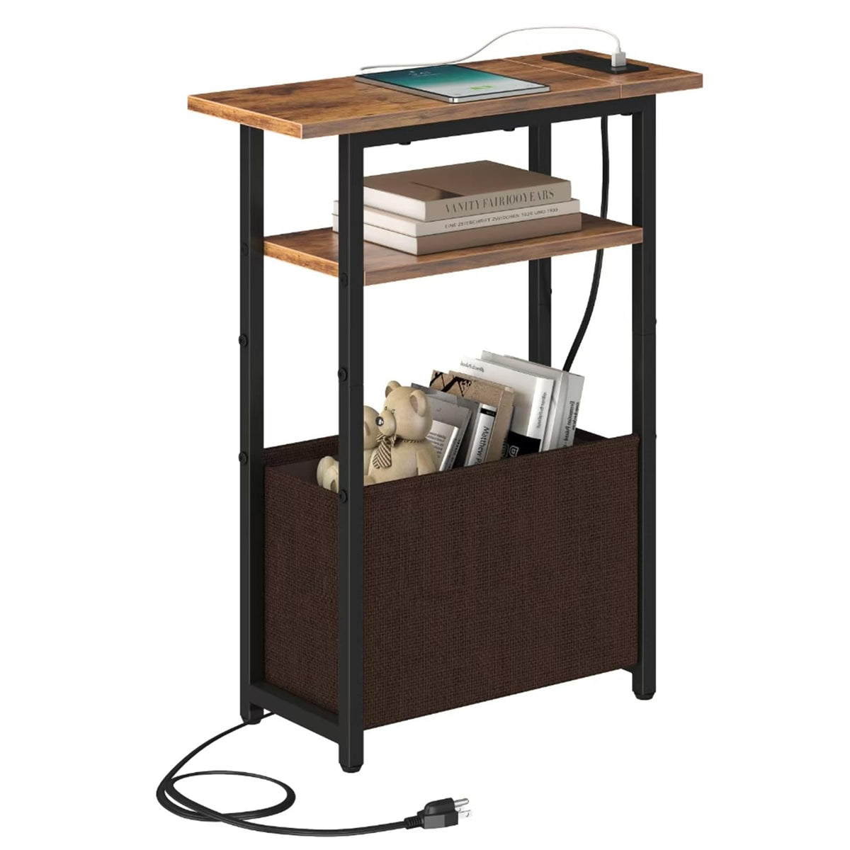 Narrow Side Table with Charging Station, 3 Tier End Table with Storage Basket Y637949