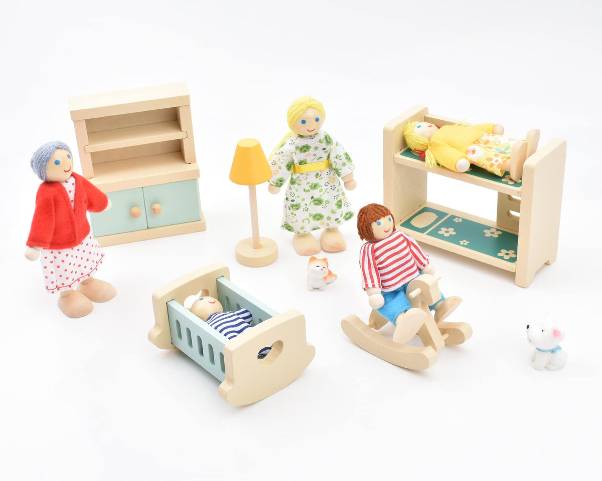 Wooden Dollhouse Dolls Family Set of 8 Miniature Figures and 2 Pets U9814