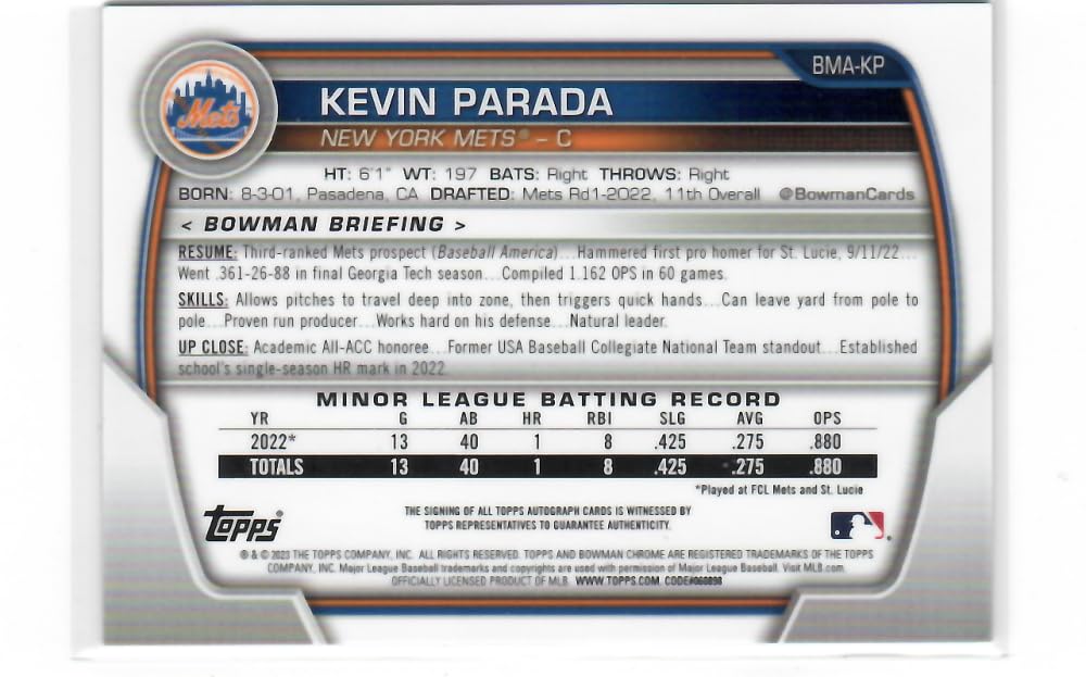 2023 Bowman Chrome Mega Box Mojo Autographed Refractor Blue #BMA-KP Kevin Parada Autographed /150 New York Mets Baseball NM-MT Z977308