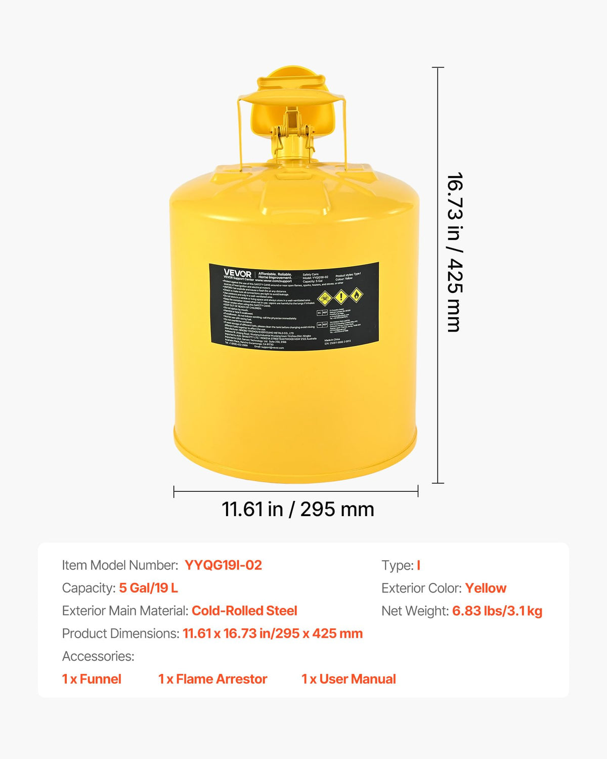 5 Gallon Type I Yellow Metal Container with Flame Arrester V9737