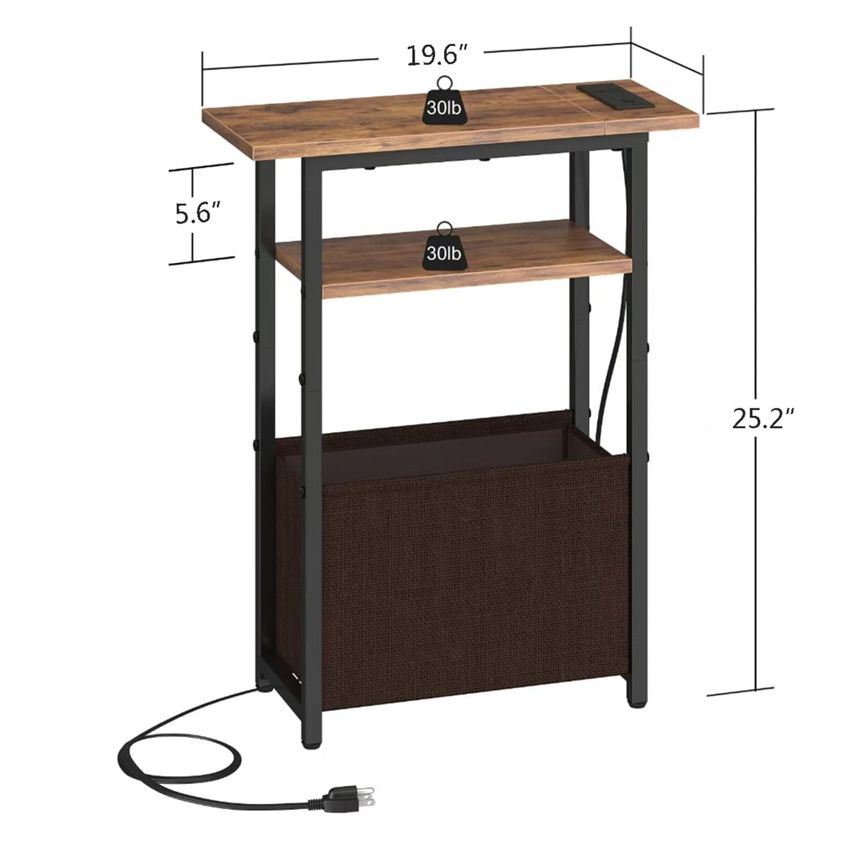 Narrow Side Table with Charging Station, 3 Tier End Table with Storage Basket Y637949