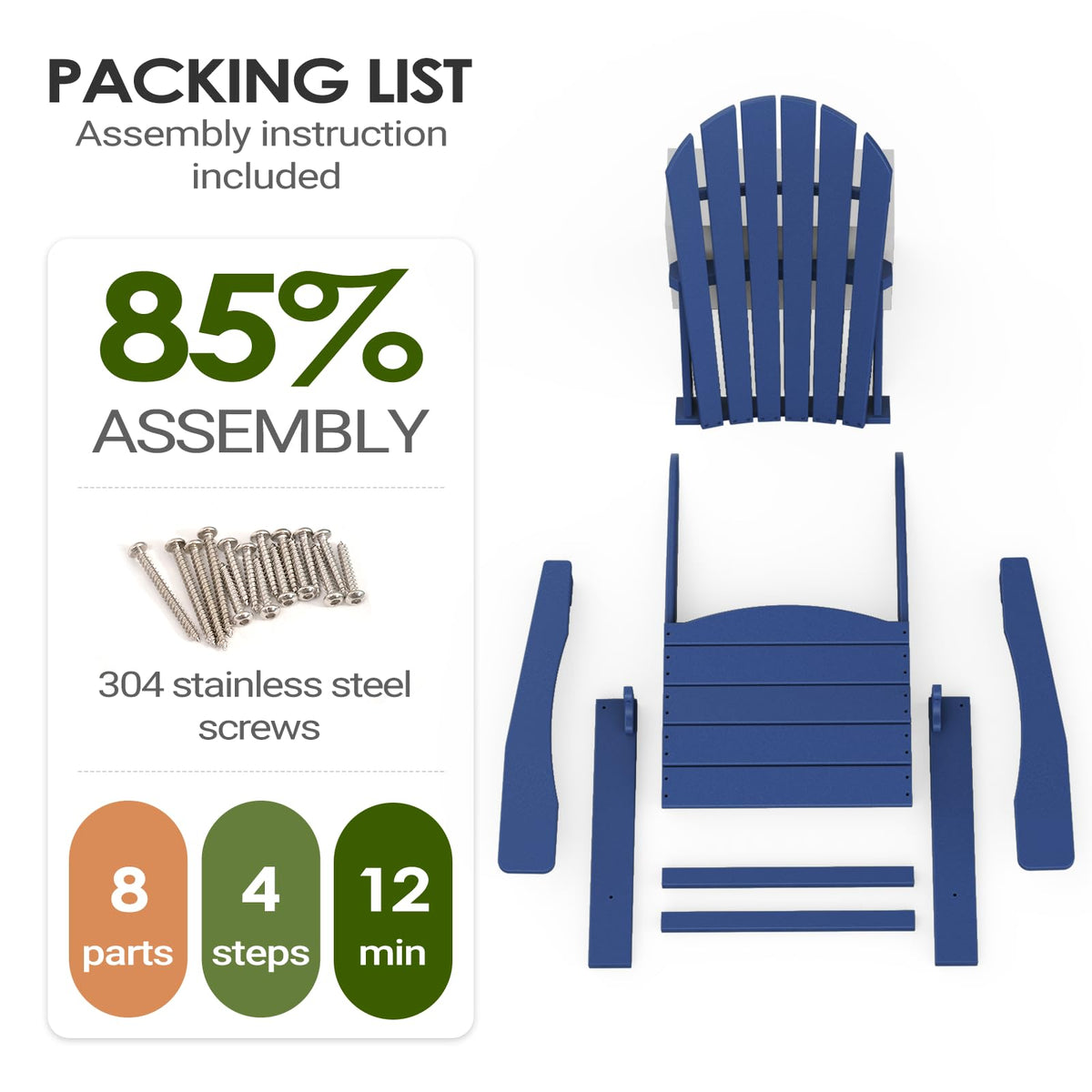 HDPE All-Weather Adirondack Chair 380 lbs Capacity Dark Blue C1653