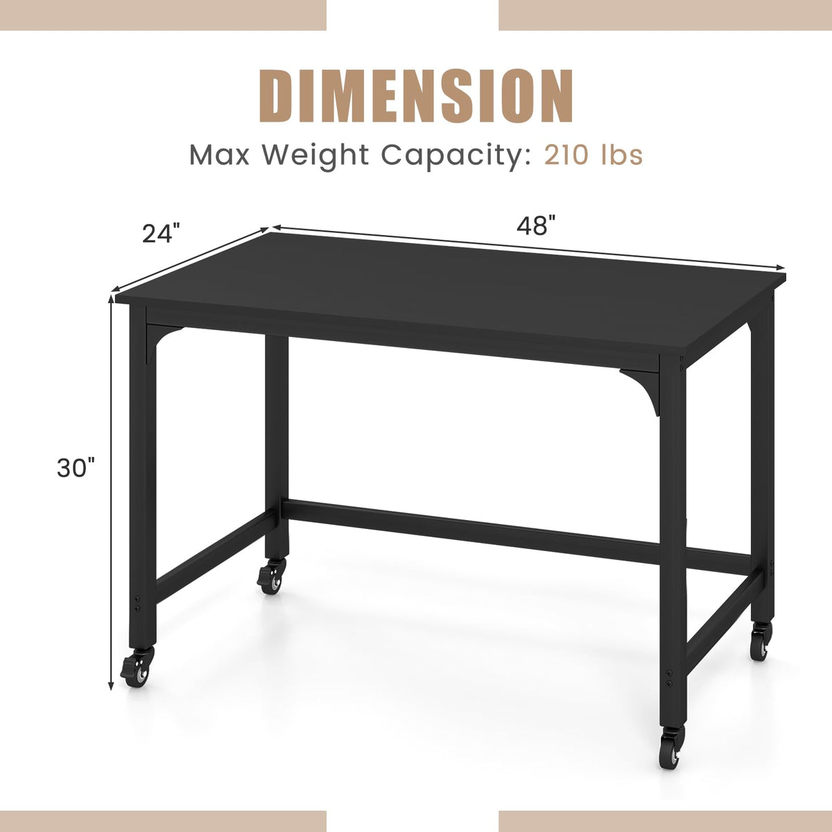 48” Mobile Computer Desk with 4 Lockable Wheels, Black Metal Frame I556877