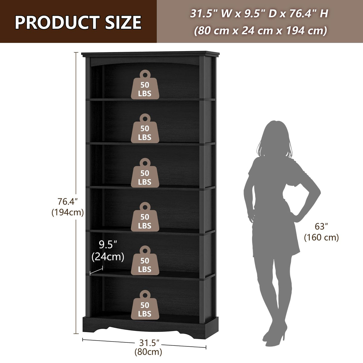 6-Tier 76 Inch Tall Black Wooden Bookshelf S8476