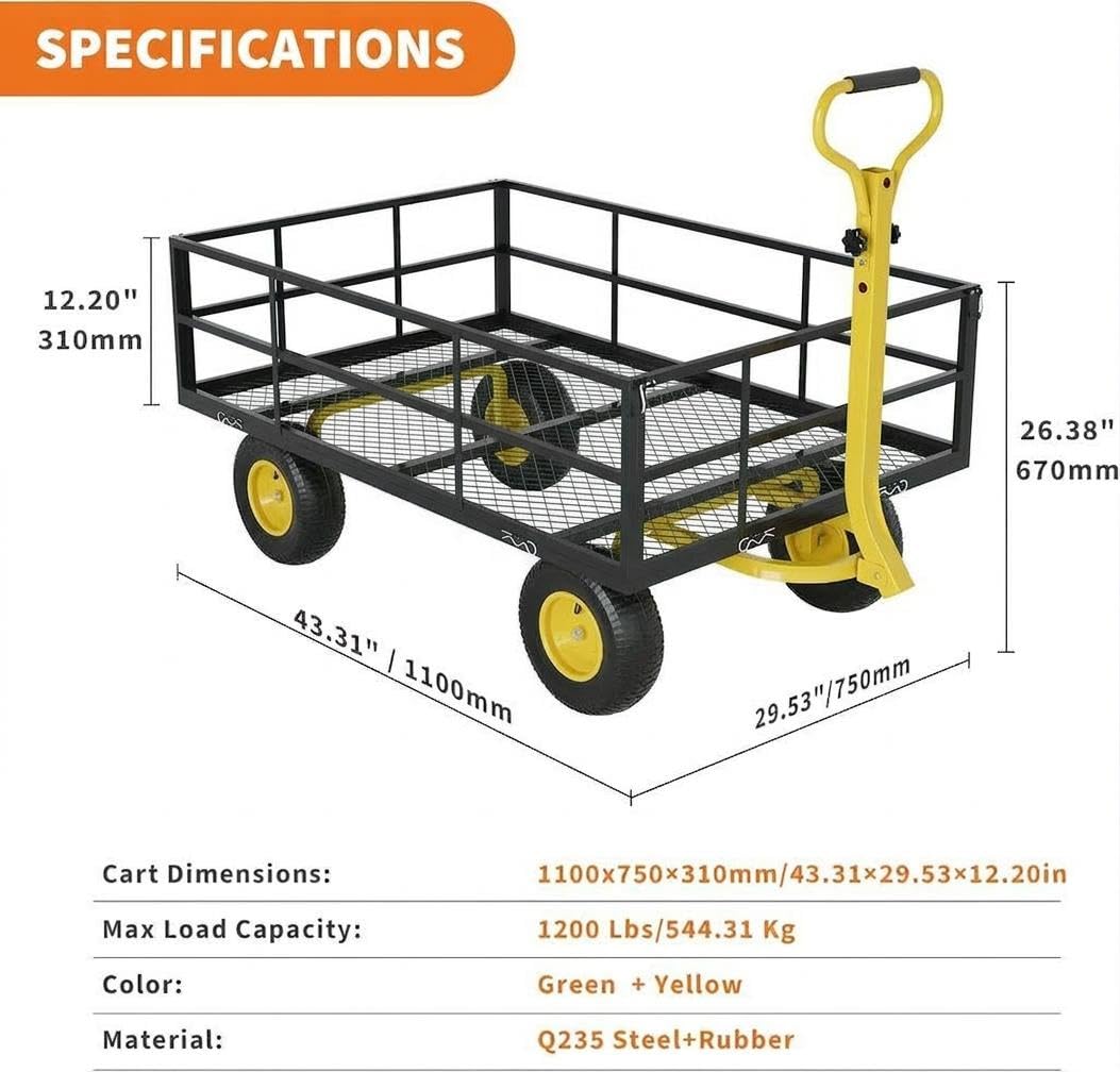 Heavy Duty Steel Garden Cart, 1200 LBS Load Capacity Wagon with 10 inch Tire and Rotating Handle, Black J611