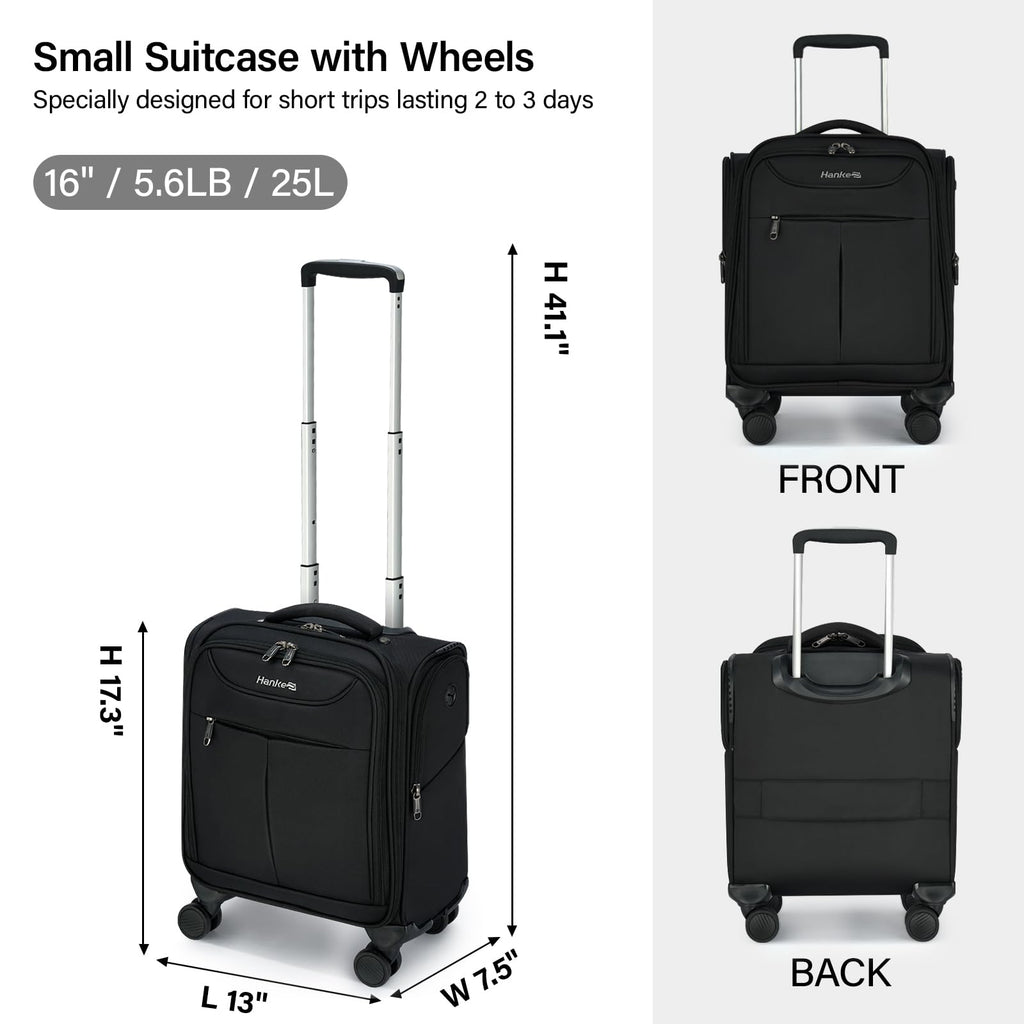 Black 16 Inch Underseat Carry On Luggage with Spinner Wheels T72056