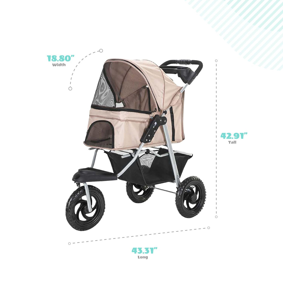 3-Wheel Dog Stroller with Storage Basket and Cup Holders, Tan Y286