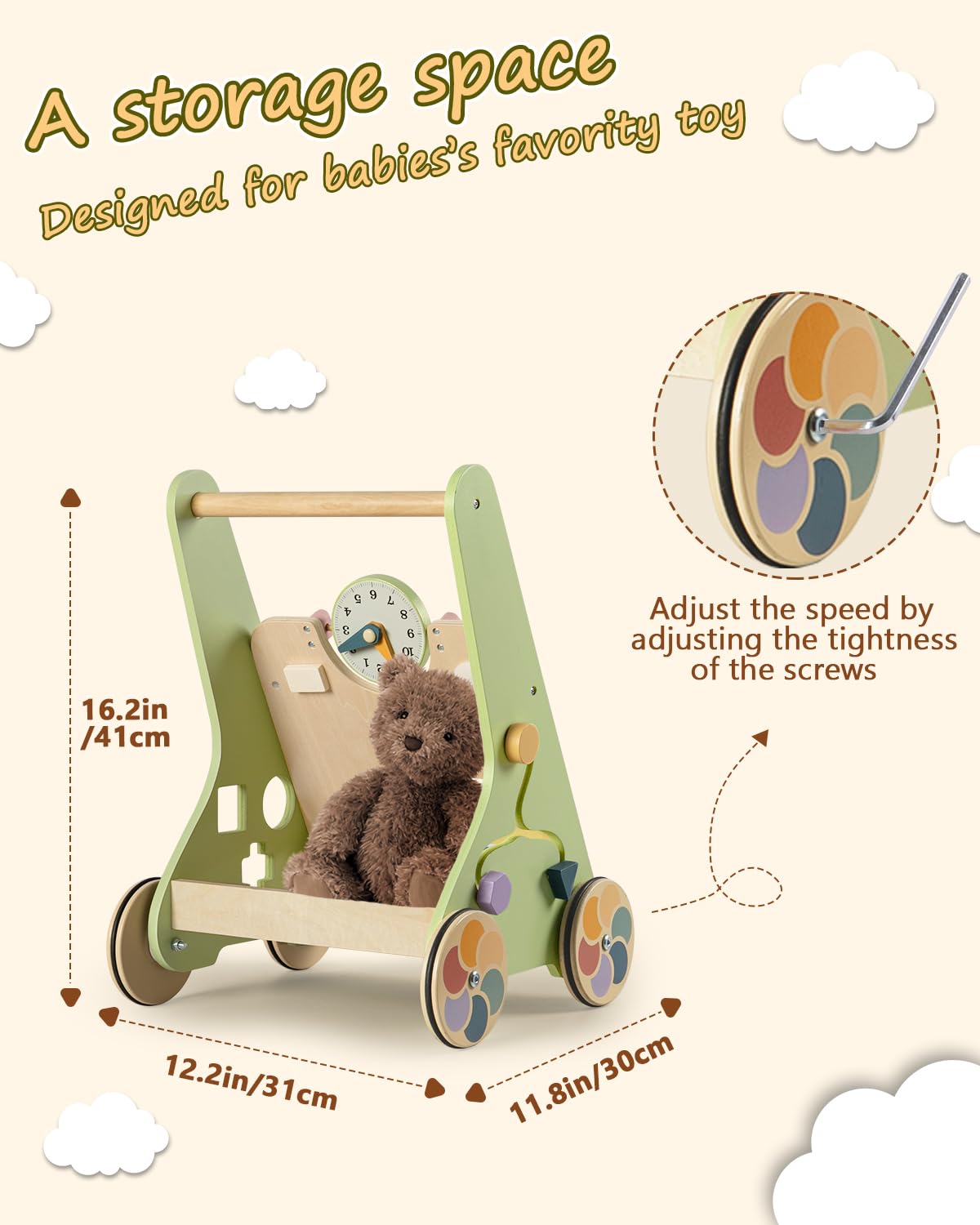Wooden Push Walker with Wheels D736138