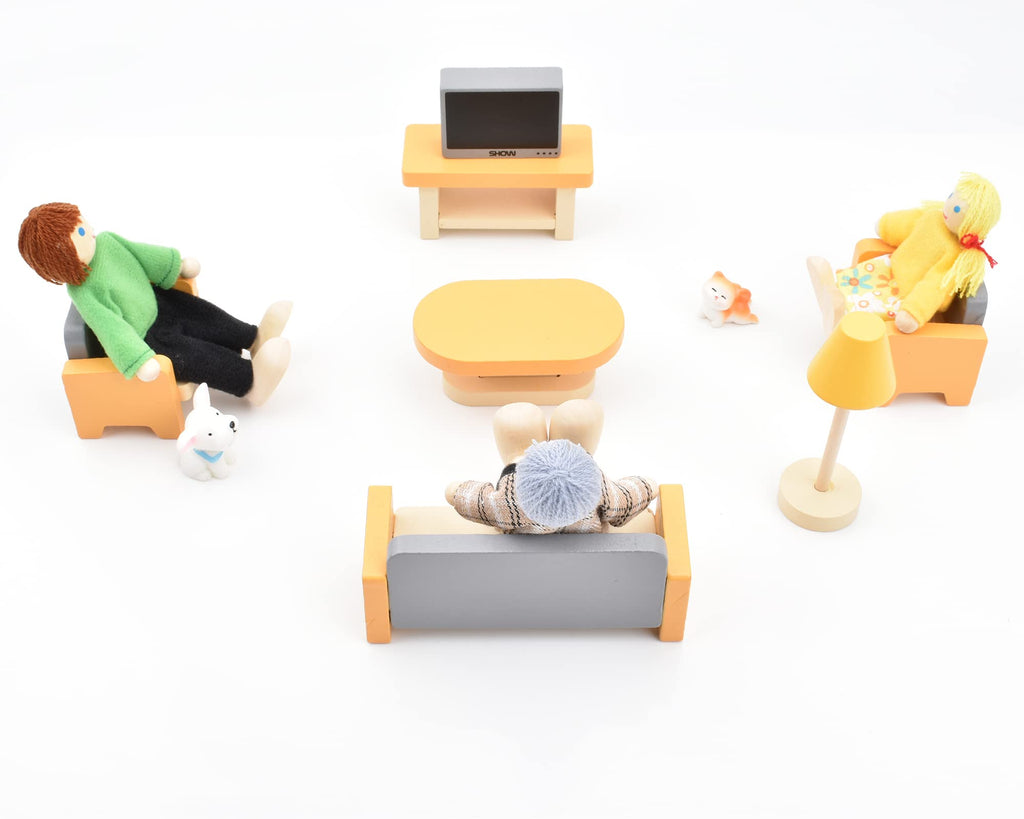 Wooden Dollhouse Dolls Family Set of 8 Miniature Figures and 2 Pets U9814