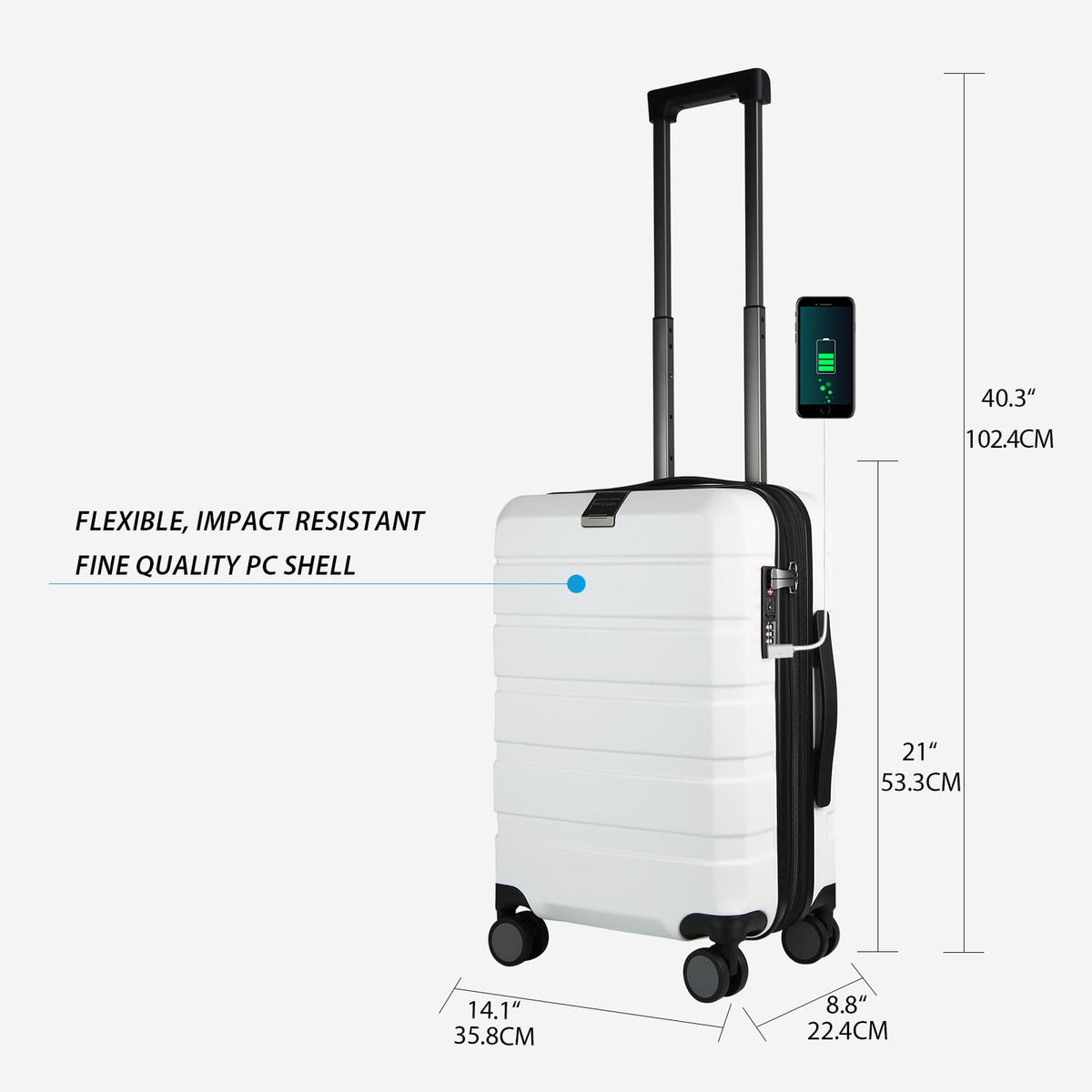 Hardside Expandable Carry On Luggage with Spinner Wheels, TSA Lock, USB Port, 20-Inch, White S8899