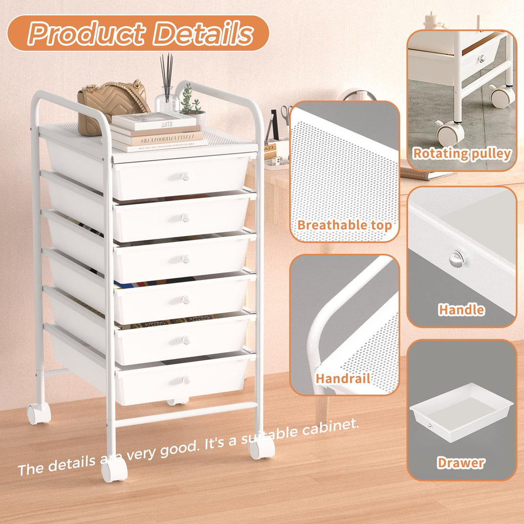 White 6 Tier Rolling Storage Cart with 6 Drawers G70296