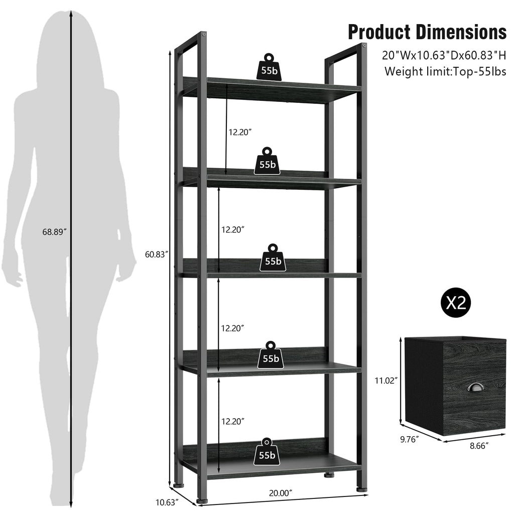 5-Tier Black Oak Bookshelf with 2 Storage Drawers K347211