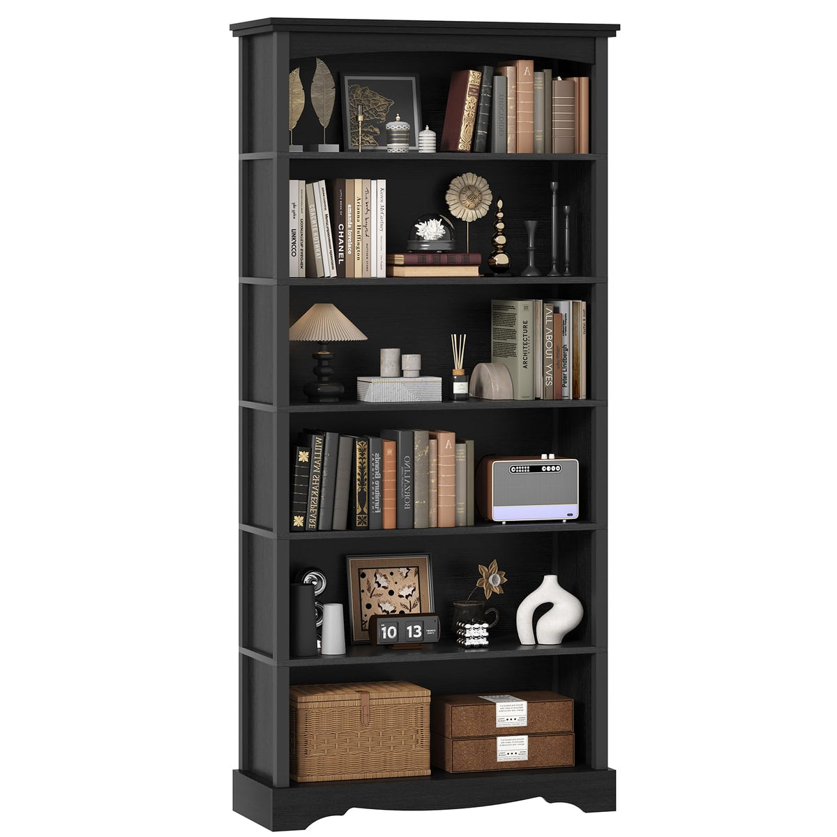 6-Tier 76 Inch Tall Black Wooden Bookshelf S8476