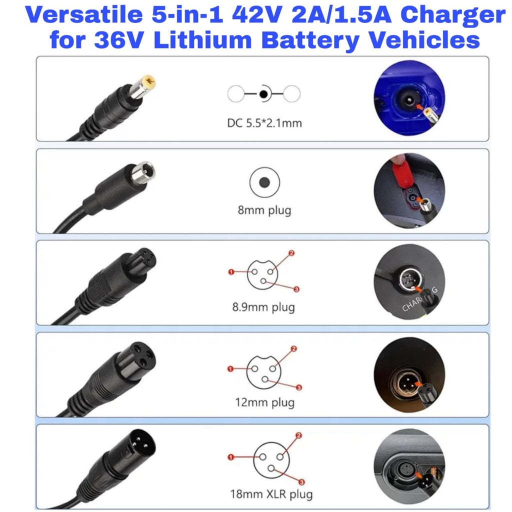 42V 2A/1.5A Universal 5 Plugs Fast Electric Charger for 36V Lithium Battery O34955
