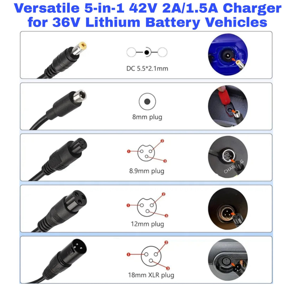 42V 2A/1.5A Universal 5 Plugs Fast Electric Charger for 36V Lithium Battery O34955