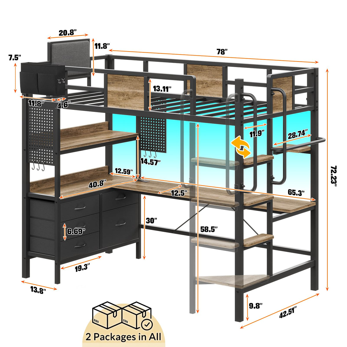 Twin Size Loft Bed with Desk and 5 Drawer L4893