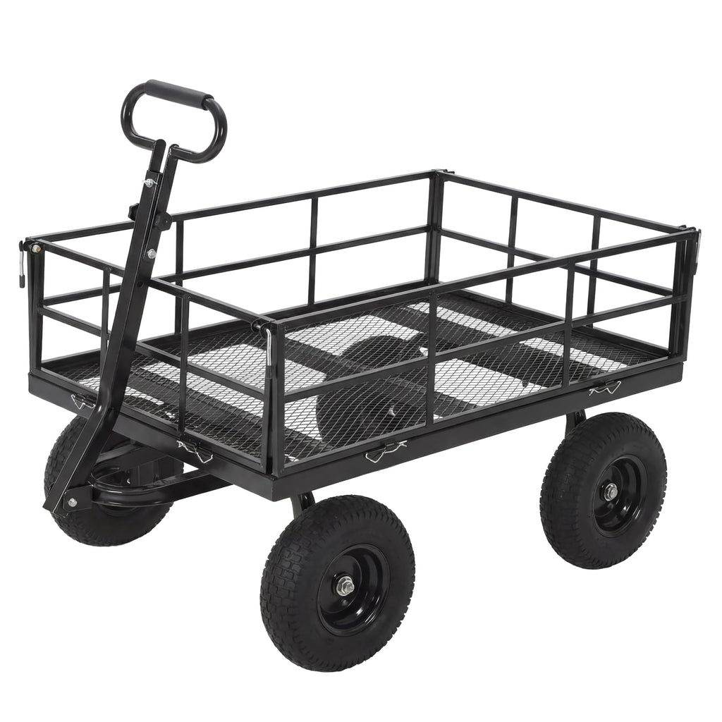 Heavy Duty Steel Garden Cart, 1200 LBS Load Capacity Wagon with 10 inch Tire and Rotating Handle, Black J611