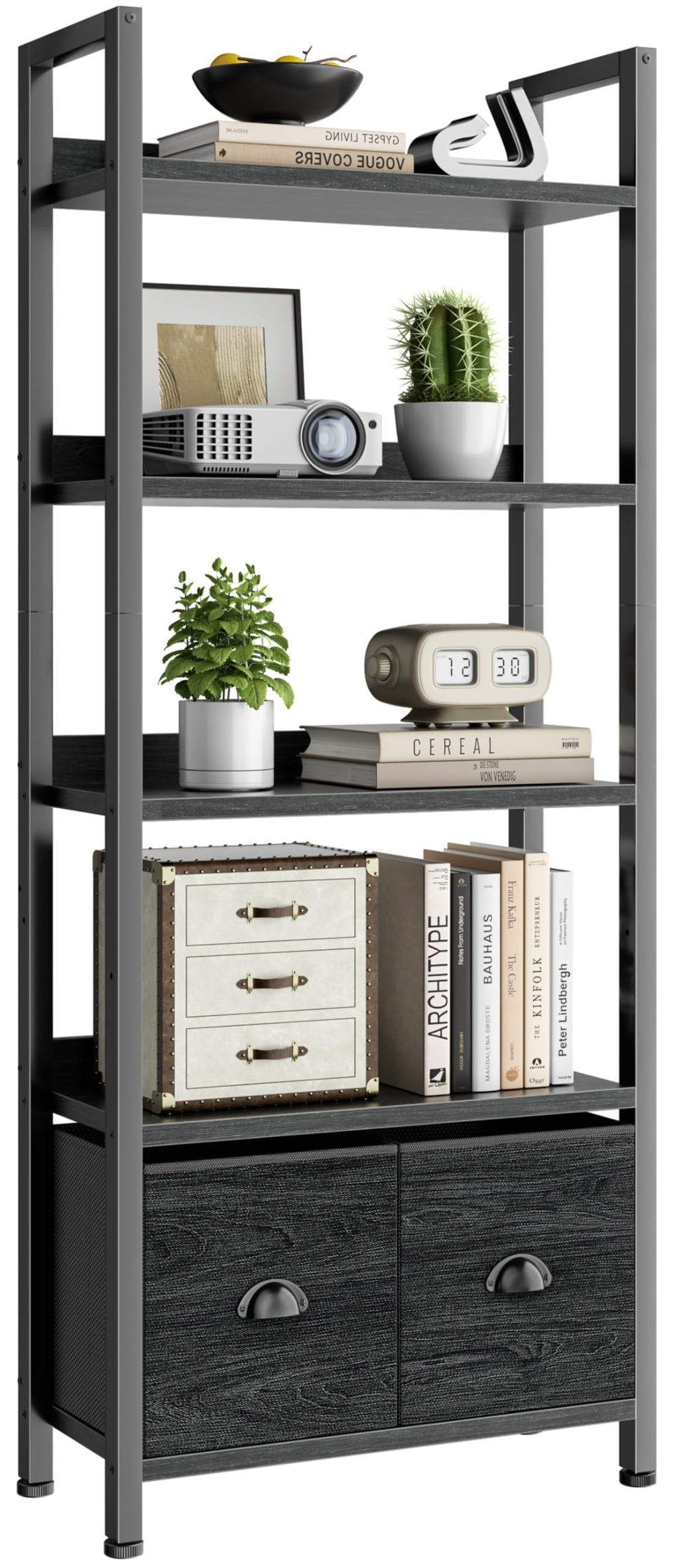 5-Tier Black Oak Bookshelf with 2 Storage Drawers K347211
