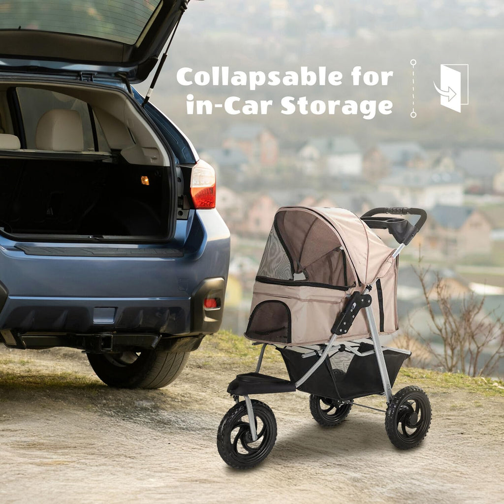 3-Wheel Dog Stroller with Storage Basket and Cup Holders, Tan Y286