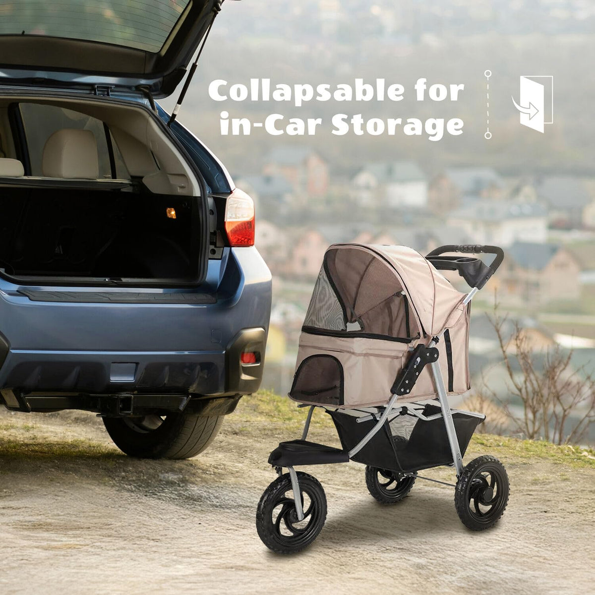3-Wheel Dog Stroller with Storage Basket and Cup Holders, Tan Y286