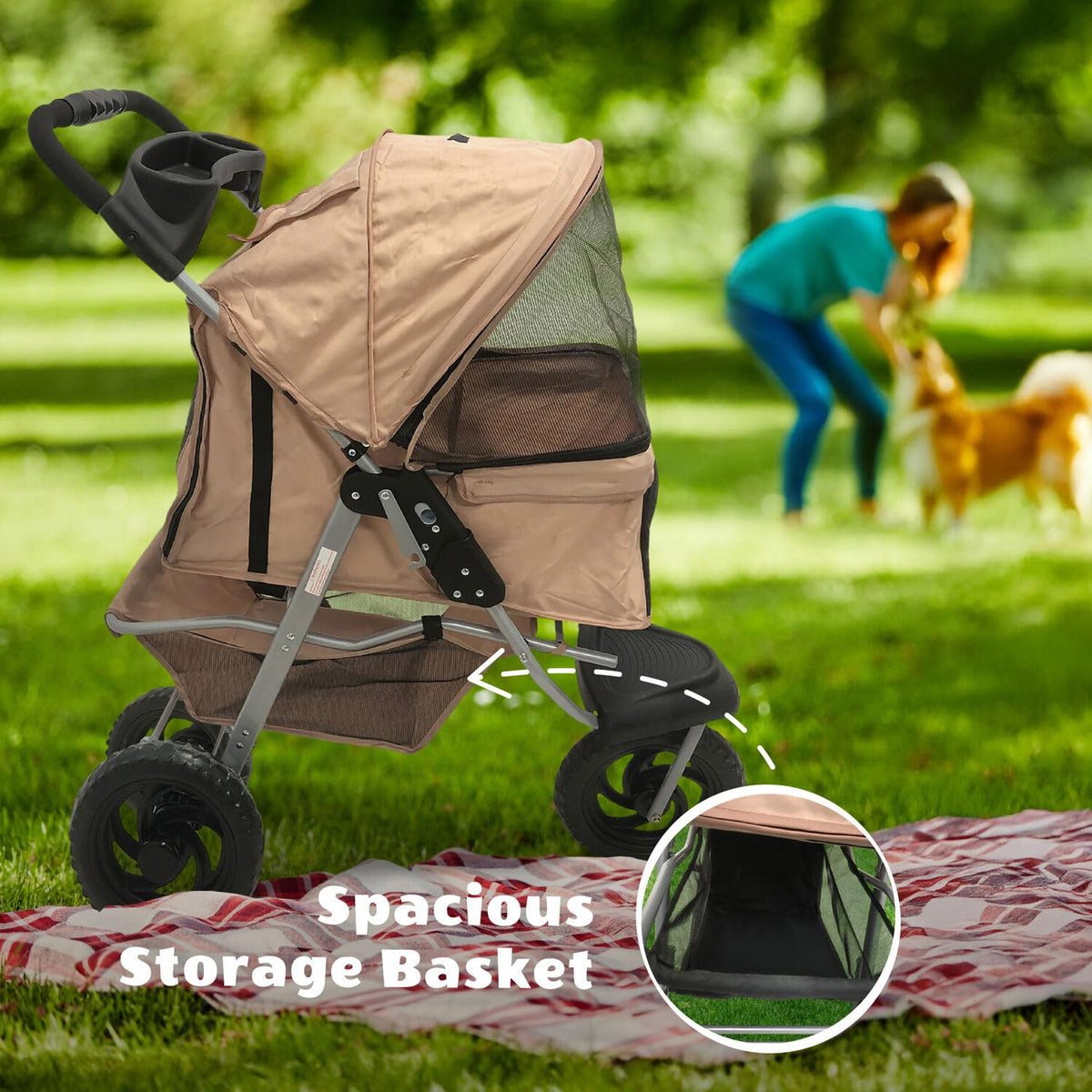 3-Wheel Dog Stroller with Storage Basket and Cup Holders, Tan Y286