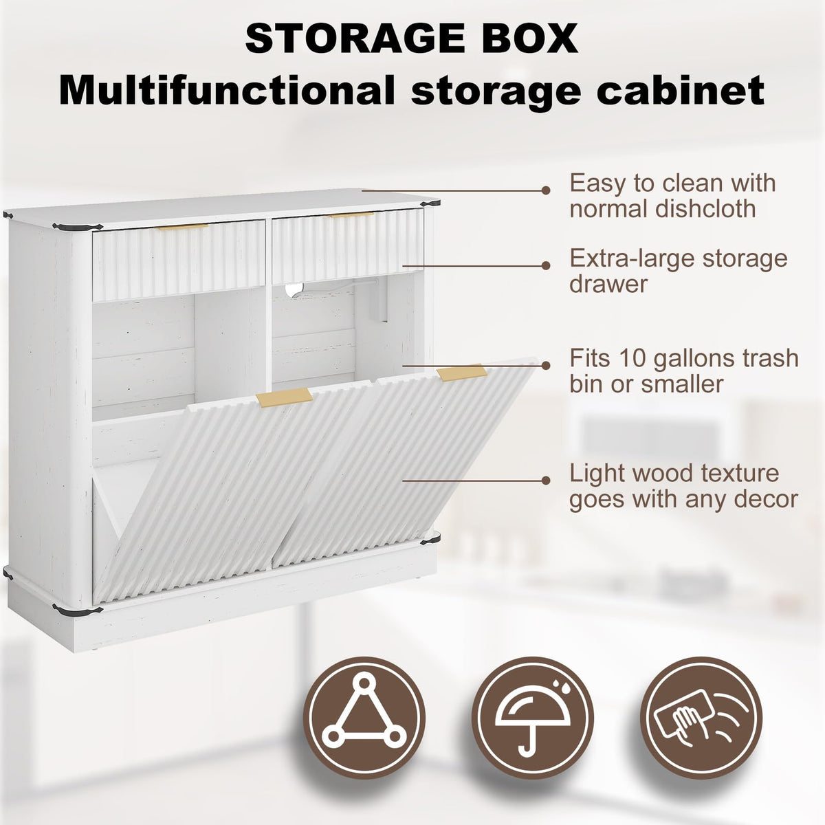 White 20 Gallon Tilt Out Trash Cabinet with Charging Station and 2 Drawers D93774