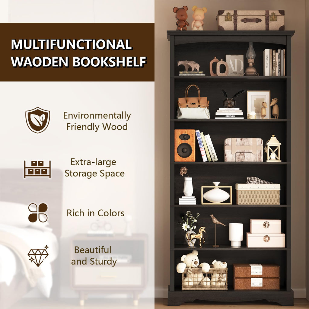 6-Tier 76 Inch Tall Black Wooden Bookshelf S8476