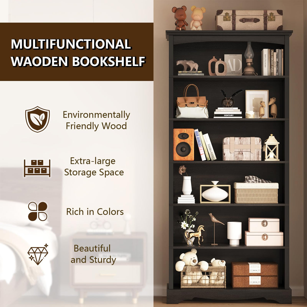 6-Tier 76 Inch Tall Black Wooden Bookshelf S8476