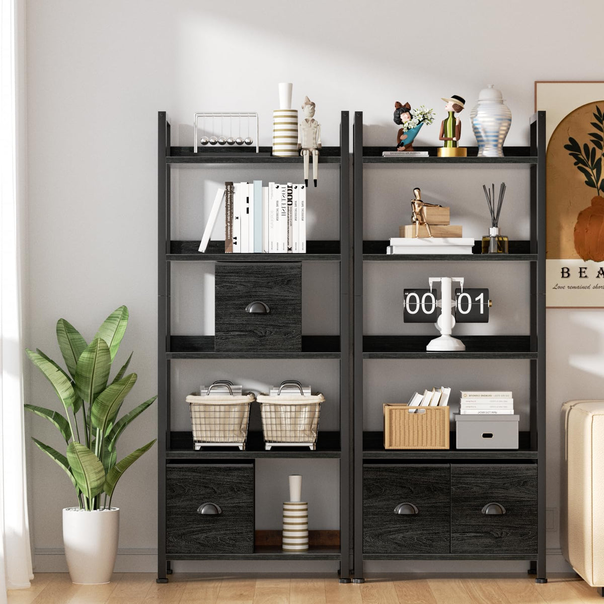 5-Tier Black Oak Bookshelf with 2 Storage Drawers K347211