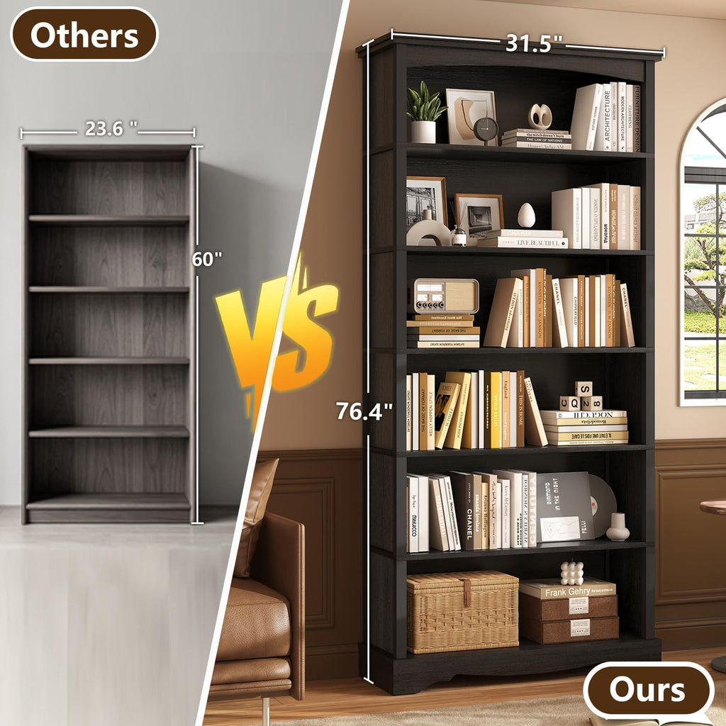 6-Tier 76 Inch Tall Black Wooden Bookshelf S8476