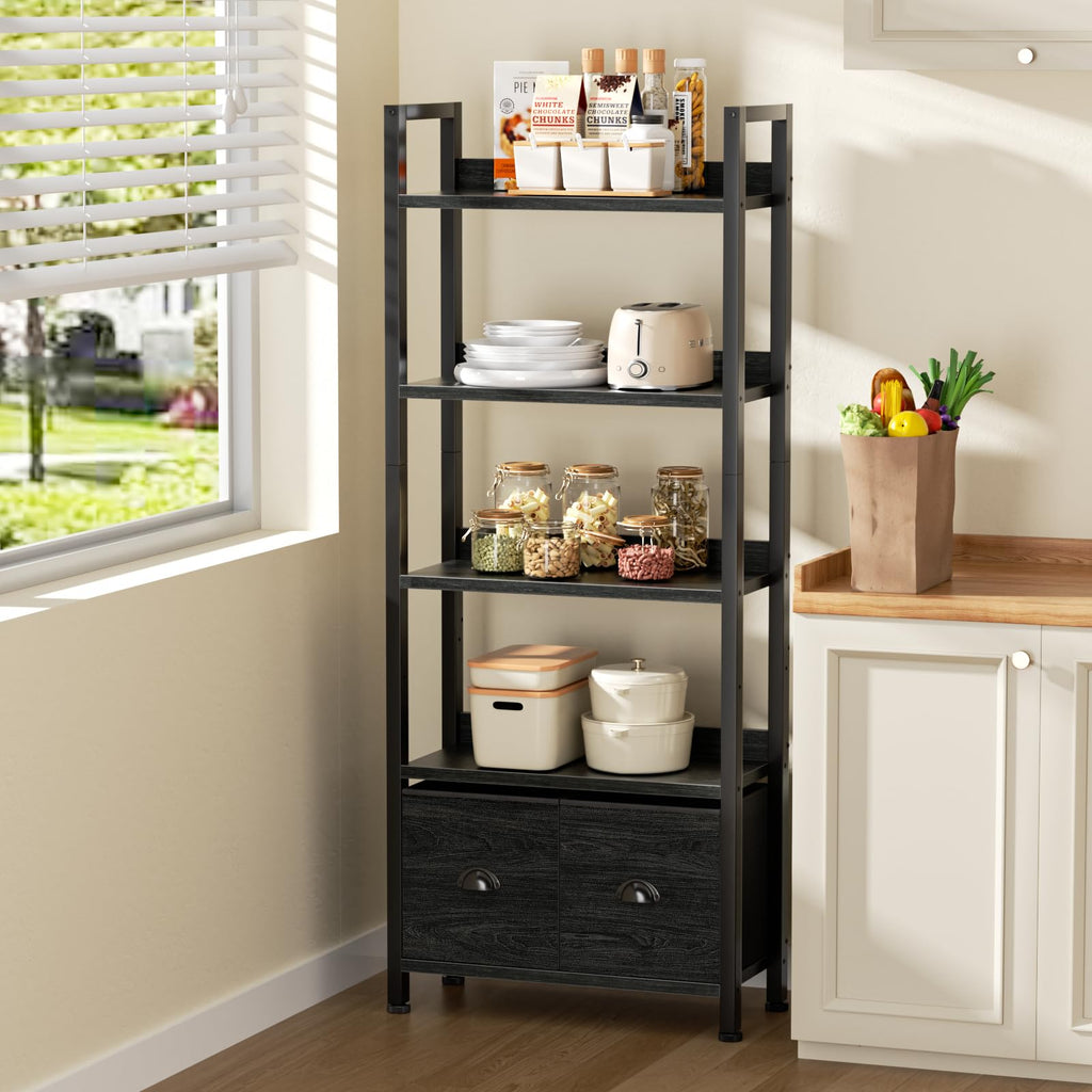 5-Tier Black Oak Bookshelf with 2 Storage Drawers K347211