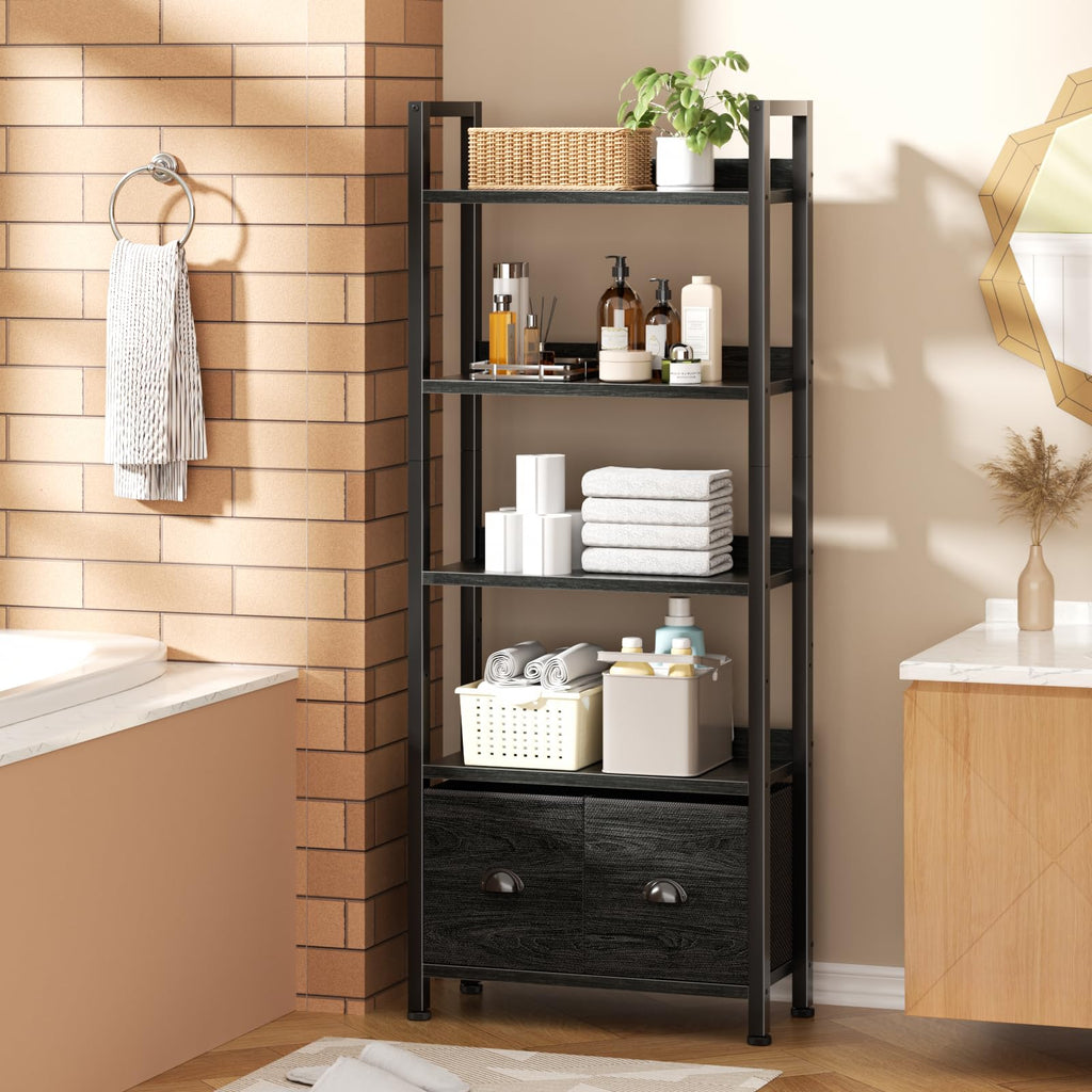 5-Tier Black Oak Bookshelf with 2 Storage Drawers K347211