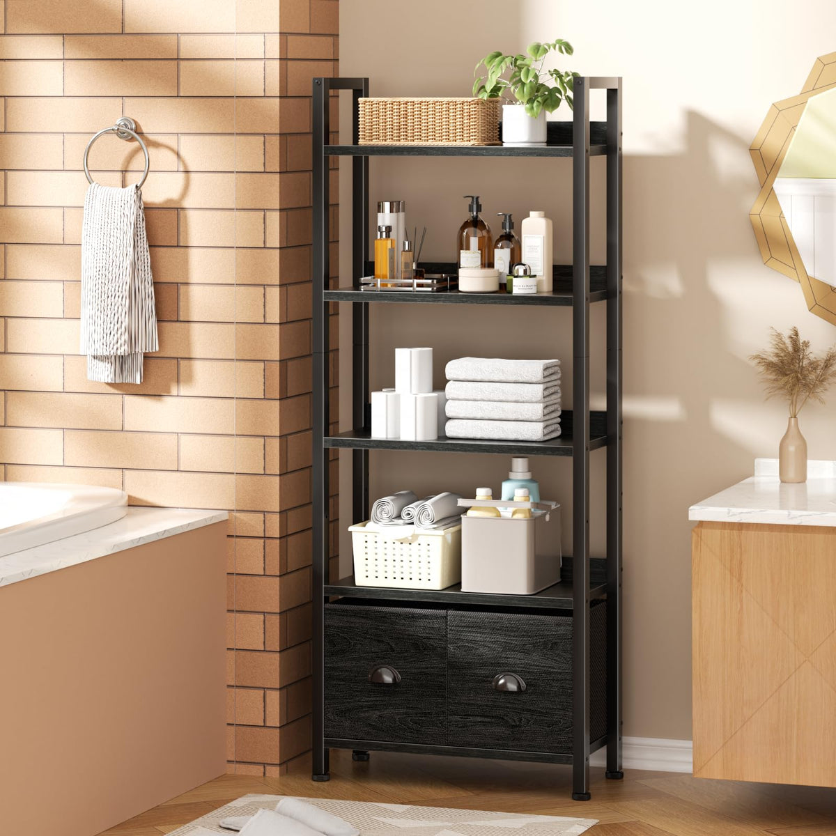 5-Tier Black Oak Bookshelf with 2 Storage Drawers K347211