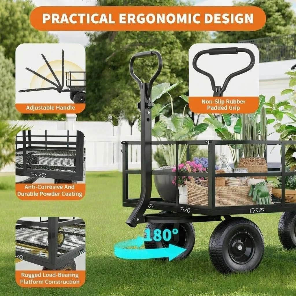 Heavy Duty Steel Garden Cart, 1200 LBS Load Capacity Wagon with 10 inch Tire and Rotating Handle, Black J611