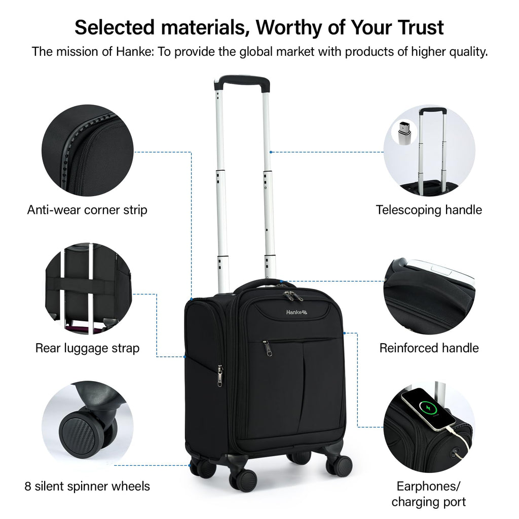 Black 16 Inch Underseat Carry On Luggage with Spinner Wheels T72056
