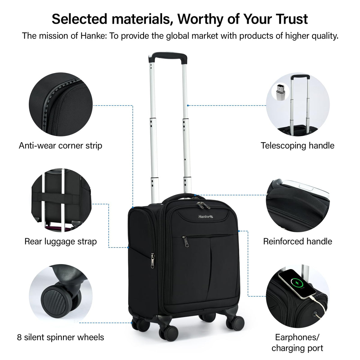 Black 16 Inch Underseat Carry On Luggage with Spinner Wheels T72056