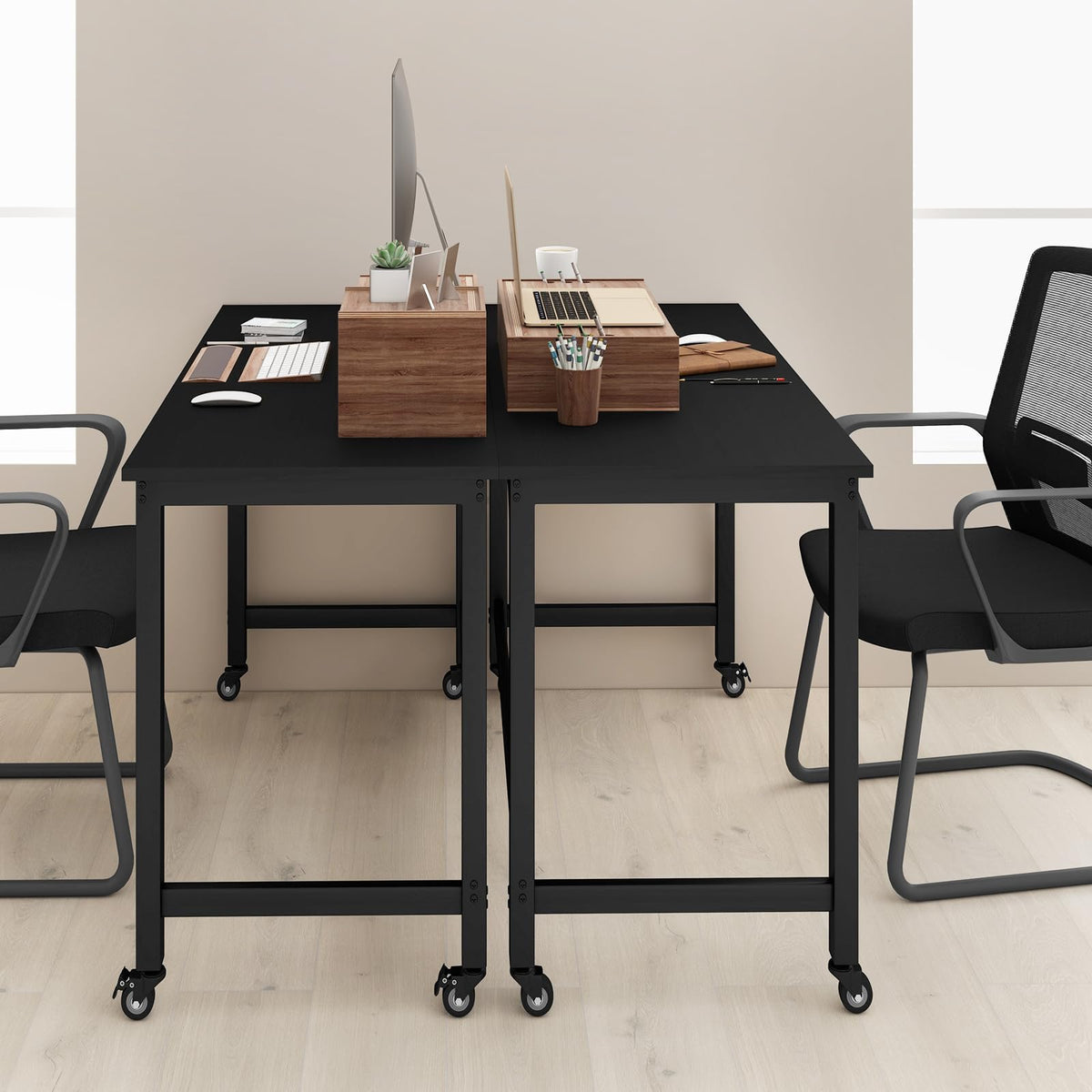 48” Mobile Computer Desk with 4 Lockable Wheels, Black Metal Frame I556877