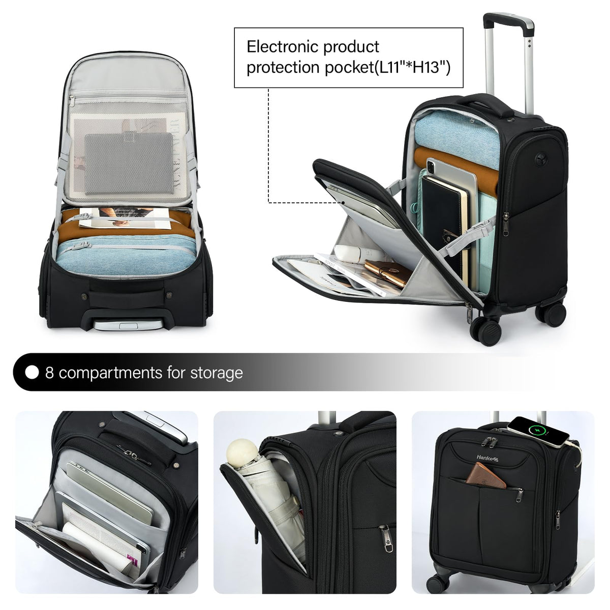 Black 16 Inch Underseat Carry On Luggage with Spinner Wheels T72056
