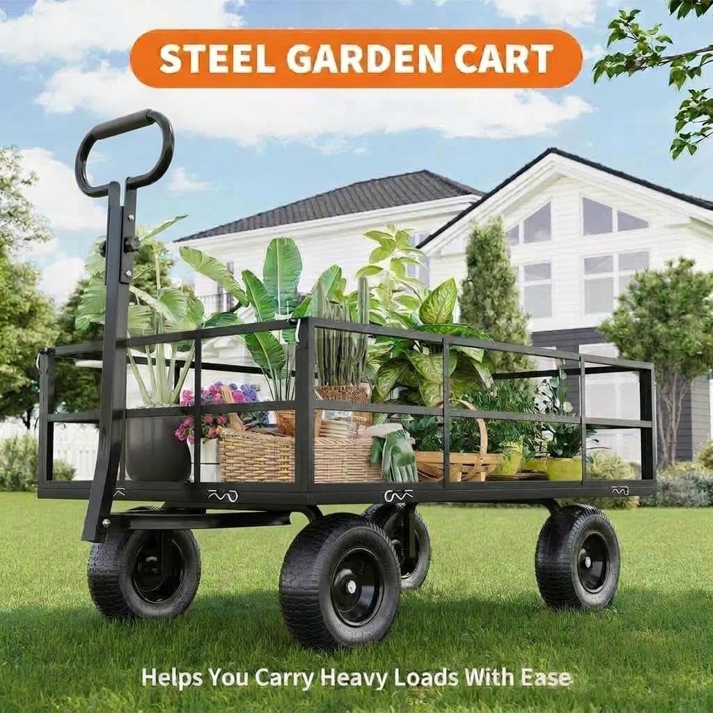 Heavy Duty Steel Garden Cart, 1200 LBS Load Capacity Wagon with 10 inch Tire and Rotating Handle, Black J611