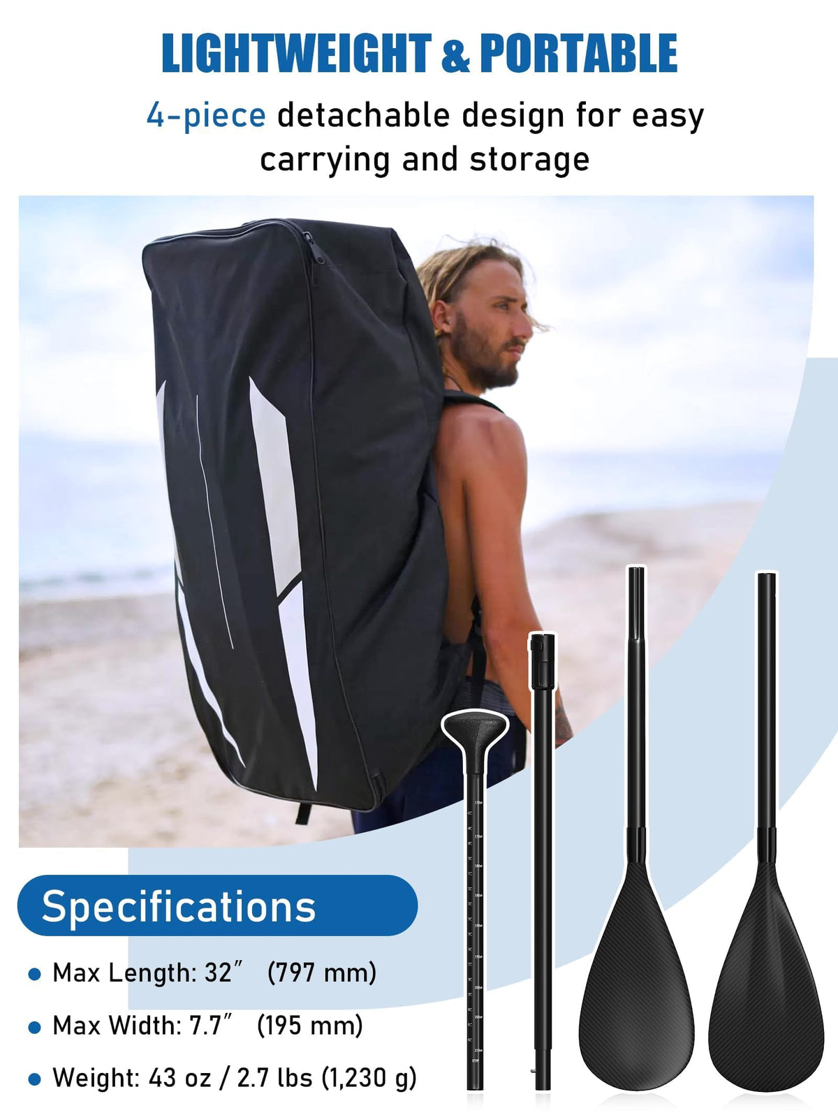 4 Piece Carbon Aluminium Adjustable SUP Paddle 67"-83" X381941