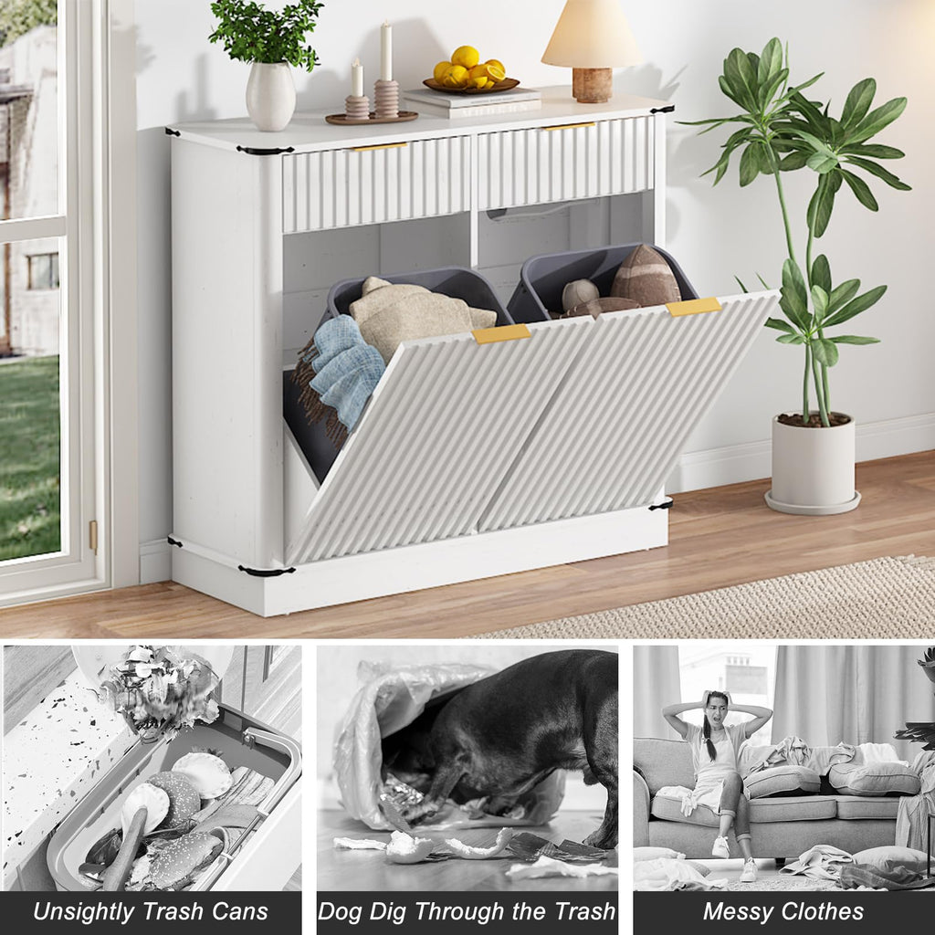 White 20 Gallon Tilt Out Trash Cabinet with Charging Station and 2 Drawers D93774