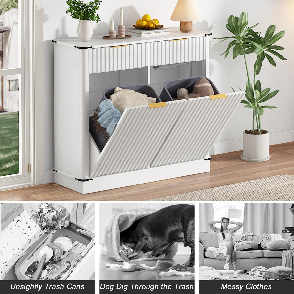 White 20 Gallon Tilt Out Trash Cabinet with Charging Station and 2 Drawers D93774