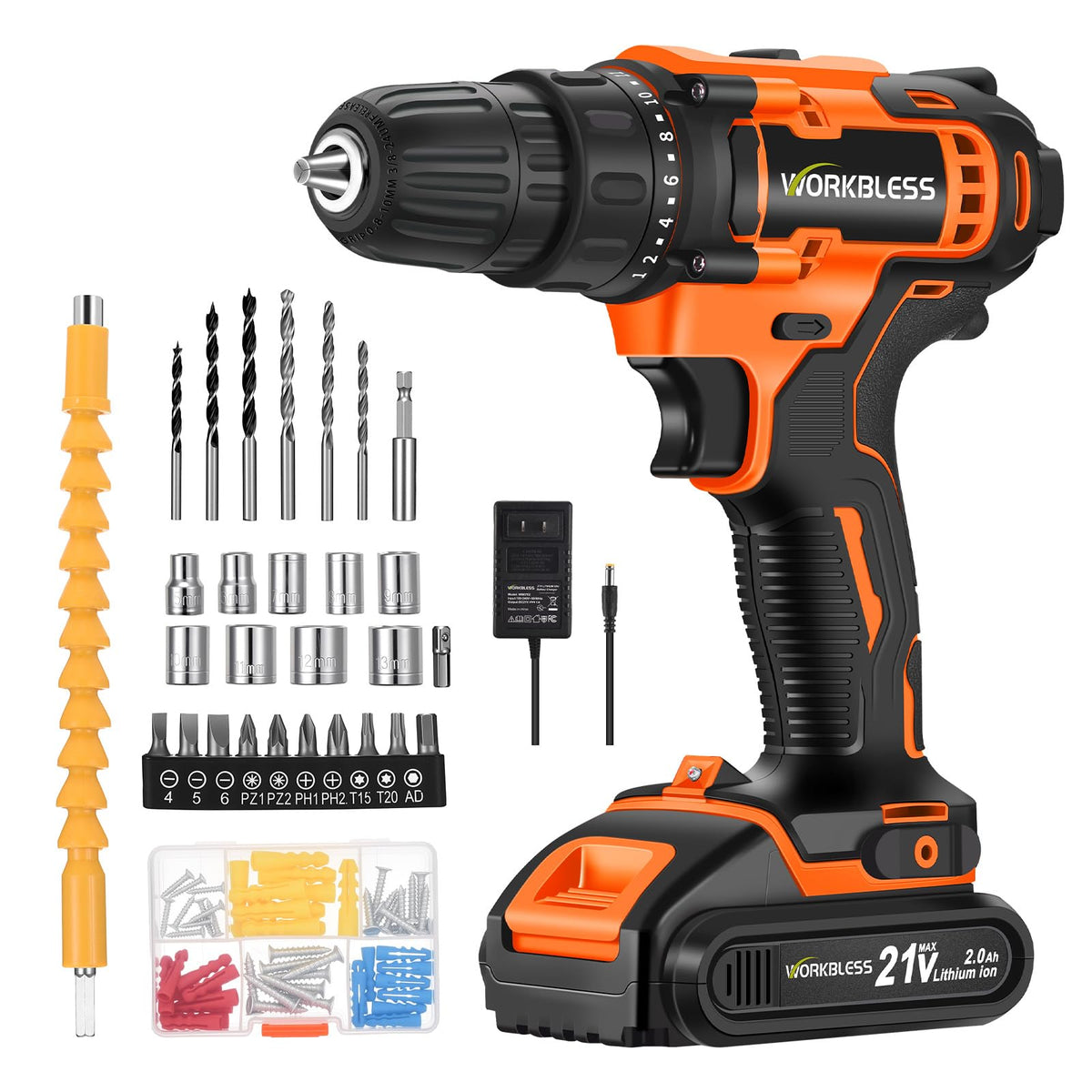 21V Cordless Drill Set with Battery Charger U1784