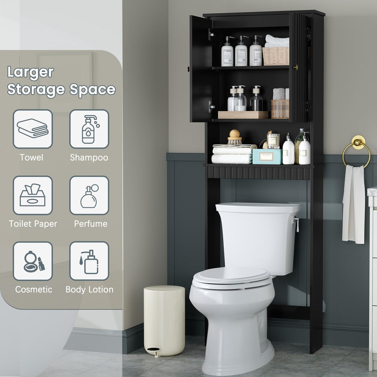Black Over The Toilet Storage Cabinet with Adjustable Shelf H435615