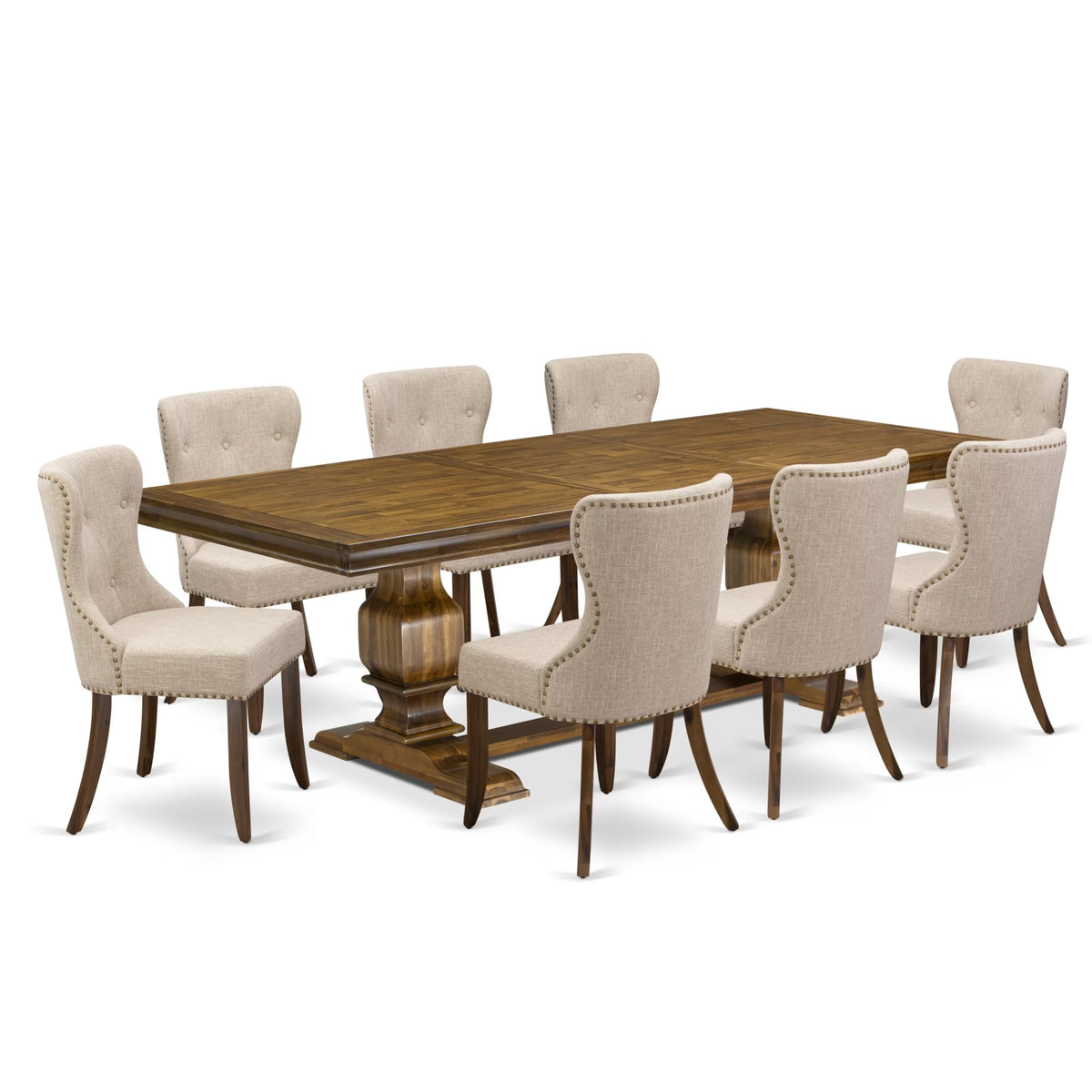 9 Pc Mid Century Dining Table Set with 8 Light Tan Linen Chairs L741