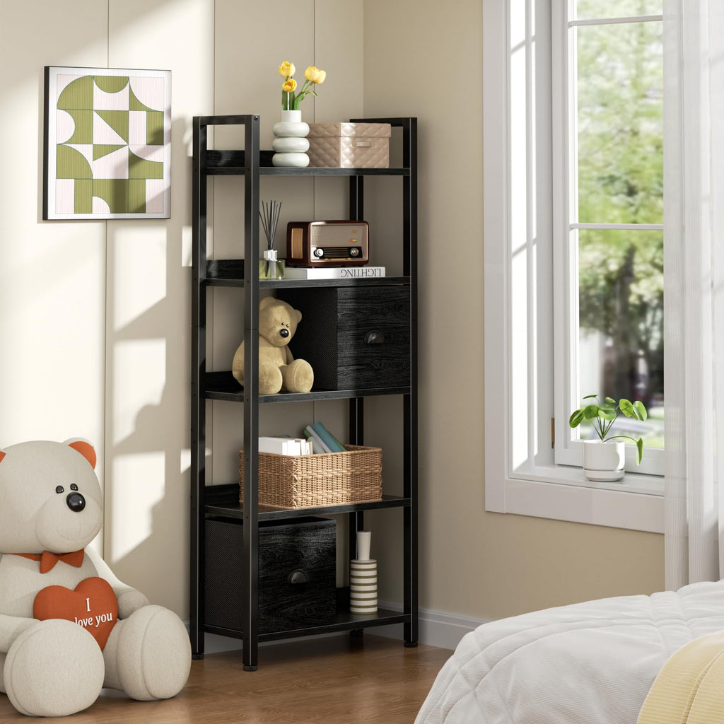 5-Tier Black Oak Bookshelf with 2 Storage Drawers K347211