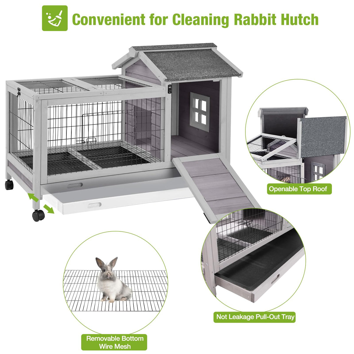 Wooden Rabbit Hutch with Removable Wire Netting and Leak Proof Tray B8538