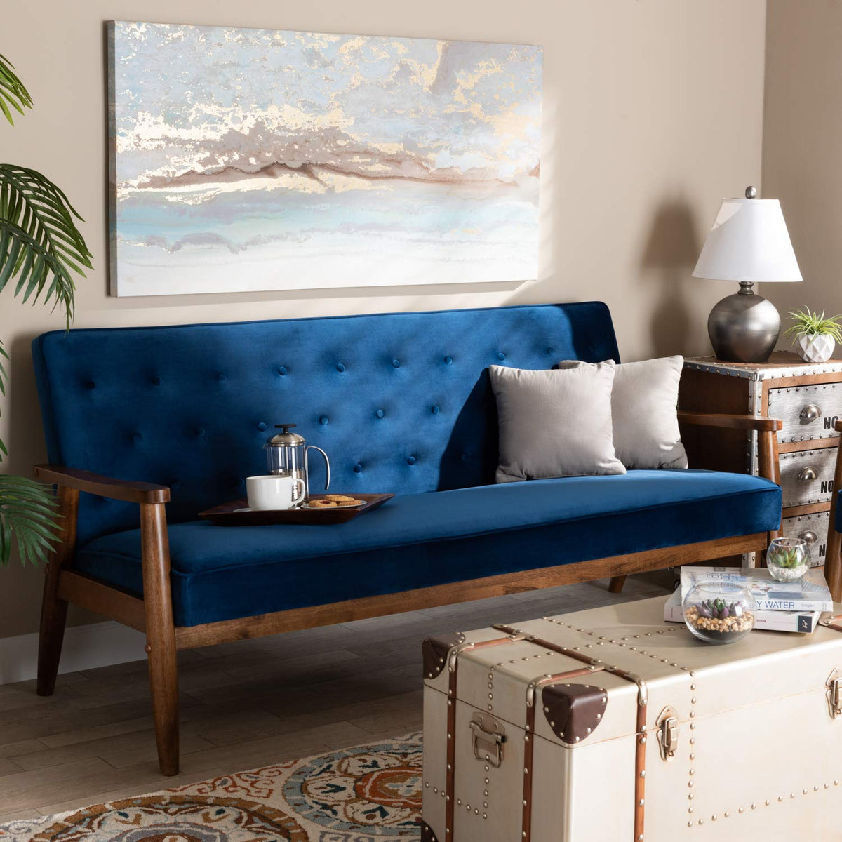 Navy Blue Velvet Upholstered 3-seater Sofa N61831