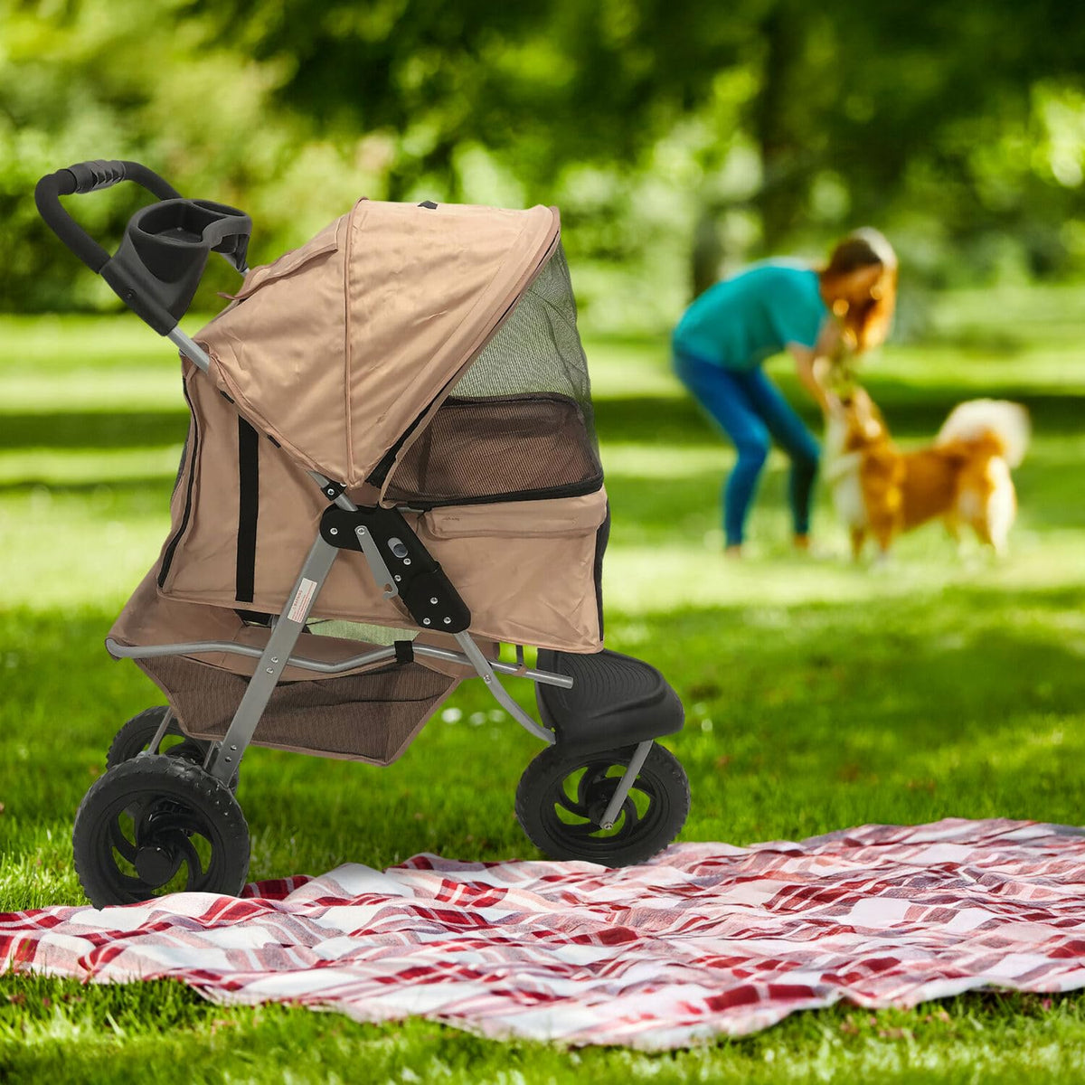 3-Wheel Dog Stroller with Storage Basket and Cup Holders, Tan Y286