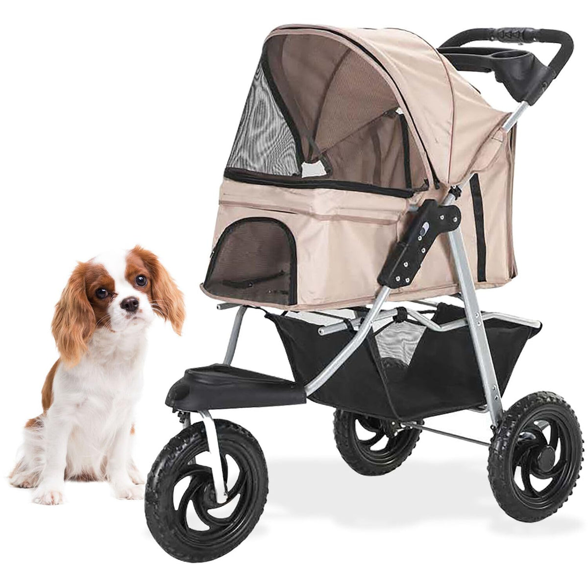 3-Wheel Dog Stroller with Storage Basket and Cup Holders, Tan Y286